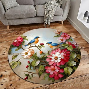 Blue Bird Blossom Round Rug: Colorful Botanical Art, Non-Slip Cotton Base