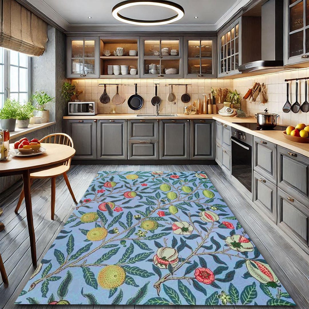 Kitchen Rag Rug Blue Blue Olive Branch Kitchen Rug: Modern Print, Non-slip Cotton Base - Etsy