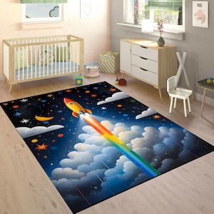 Tapis fusée spatiale, tapis de jeu pour enfants, décoration de chambre d'enfants, tapis de jeu pour enfants, décoration de vaisseau spatial, art fusée spatiale, tapis en bambou, tapis de chambre de garçon