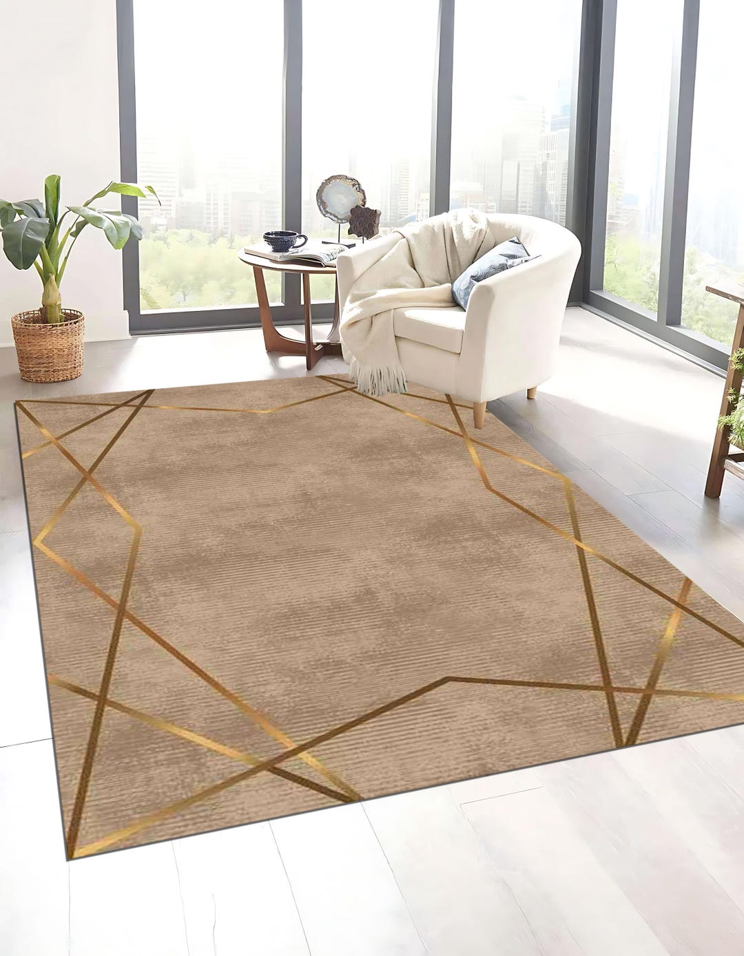 Cream & Gold Geometric Rug: Modern Bamboo Accent Rug - Etsy
