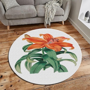 Orange Floral Round Rug, Washable Area Carpet, Vibrant Floral Pattern, Modern Boho Floor Decor