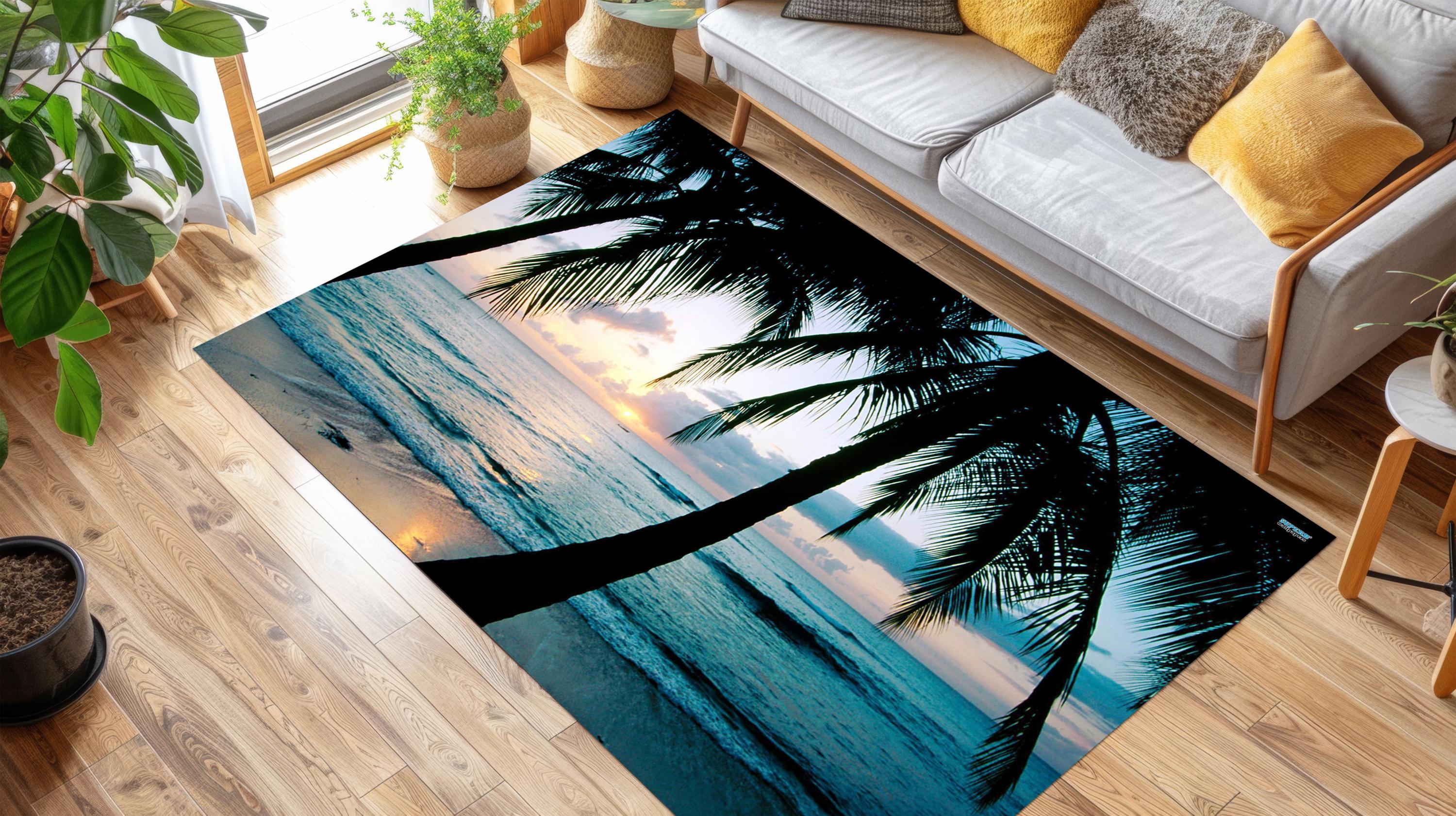 Tropical Sunset Beach Rug | Coconut Palm & Bamboo Design - Etsy