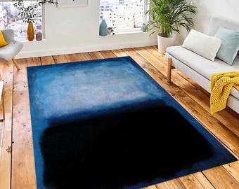 Mark Rothko Rug: Black & Blue Chenille Bamboo Rug, Non-Slip