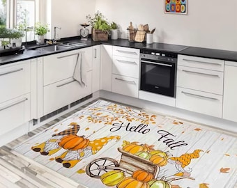 Alfombra de cocina otoñal: Gnomo de calabaza otoñal, decoración rústica antideslizante