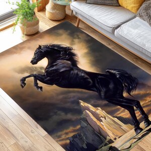 Black Horse Art Rug, Rearing Horse Bamboo Rug, Large Abstract Animal Painting, Luxury Decor Gift for Him, Stylish Horse Art Floor Mat