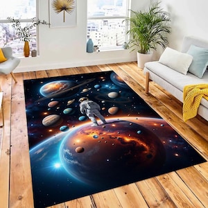 Alfombra de dibujos animados de astronautas y planetas espaciales / Diseño solar galáctico para habitación infantil / Alfombra de juegos perfecta para guardería y regalo para niños / Alfombra de bambú / Alfombra de área