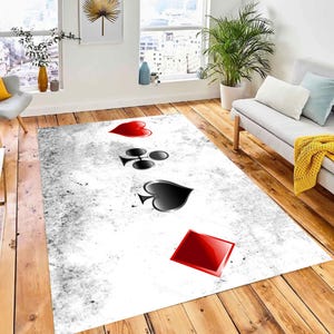 Spielzimmer Teppich, Geschenk Teppich für Poker Liebhaber, Teppich mit Pokermuster, Teppich mit Pokerspielkarten, Teppich mit Kasinomuster, Bambusteppich, rutschfester Teppich, Wohnkultur