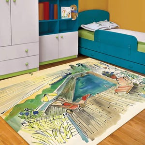 Ludwig Bemelmans pool house patterned rug, chaise lounge, sunset, bamboo rug, washable rug, landscape patterned art rug, gift rug