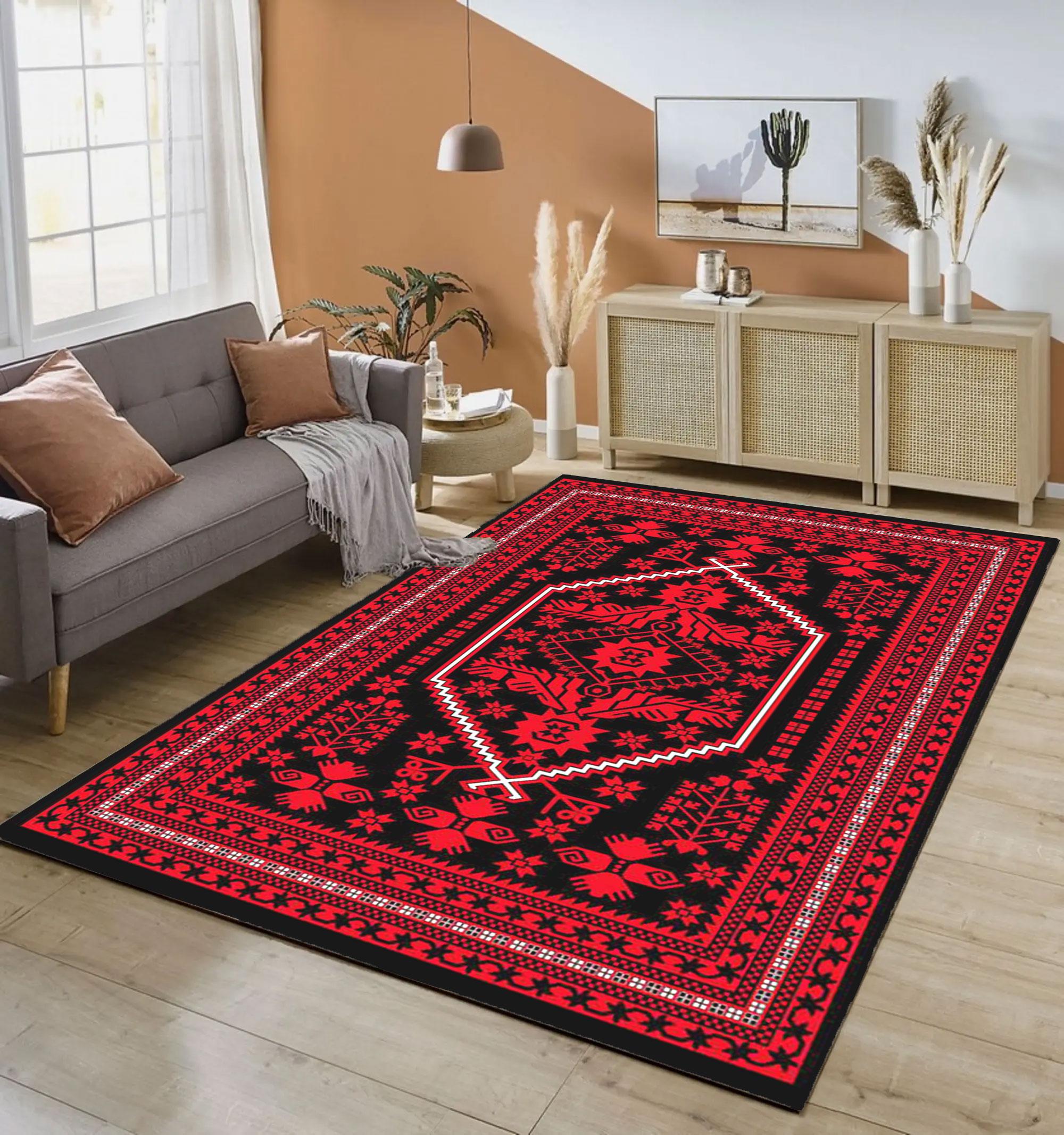 ヴィンテージトルコキリムラグ：赤黒幾何学模様、洗える、滑り止め付き