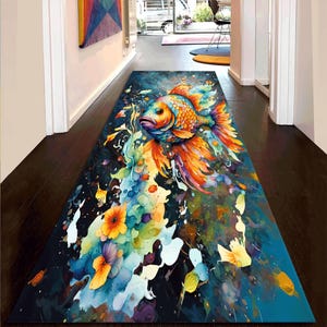 Golden Fish Art Runner Rug, Ocean & Nautical Pattern, Aquatic Animal Decor for Living Room, Gift Rug, Unique Home Decor, Area Rug,Bamboo Rug