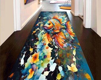 Golden Fish Art Runner Rug: Nautical Ocean Home Decor