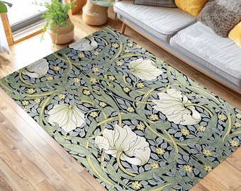 Alfombra floral estilo William Morris, alfombra botánica Arts & Crafts, alfombra con estampado vintage.