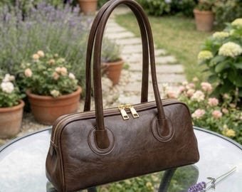 Bolso baguette vintage chic, bolso de hombro de piel sintética Y2K para mujer, bolso minimalista con asa superior, bolso retro marrón para el día a día, bolso pequeño con cremallera G