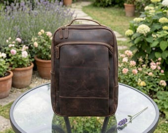 Mochila vintage de cuero para hombre / Mochila de viaje para portátil de 16" / Mochila de piel de vaca Crazy Horse / Bolso de diario con compartimentos de calidad / Regalo para el marido