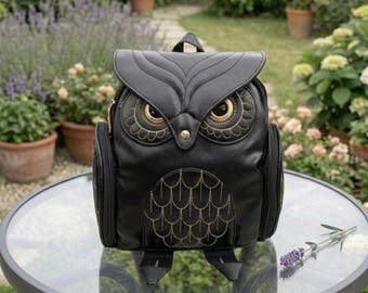 Owl Backpack Purse Black PU Leather Mini Backpack Gothic Steampunk Owl Bag Cute Animal Small Daypack Gift for Her Kawaii School Travel Bag X