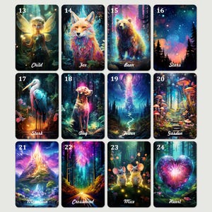 May include: A set of 24 colorful cards with illustrations of various animals, nature scenes, and objects. Each card has a number and a word describing the image. The cards are arranged in a grid of four rows and six columns.