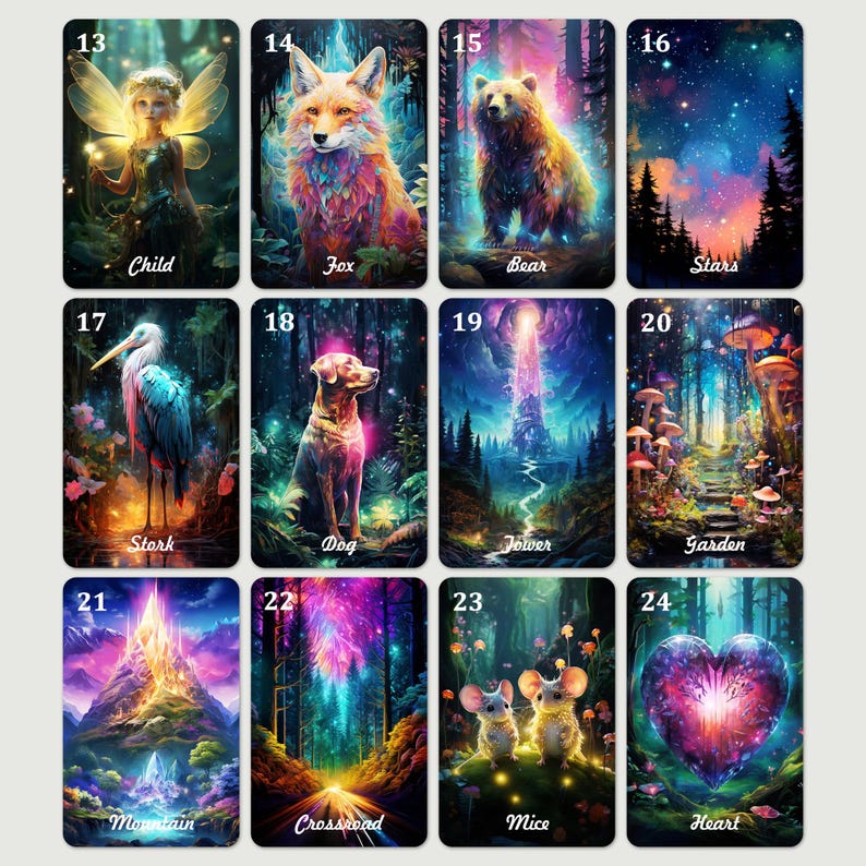 May include: A set of 24 colorful cards with illustrations of various animals, nature scenes, and objects. Each card has a number and a word describing the image. The cards are arranged in a grid of four rows and six columns.