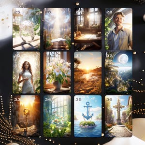 May include: A collage of 12 images featuring various scenes, including a ring, a book, a window with flowers, a sunset, a city, a key, a forest, an anchor, and a cross.
