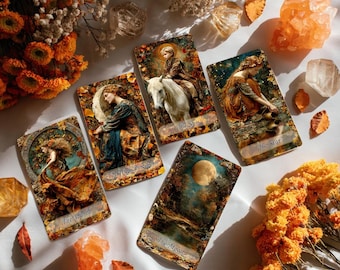 May include: A collection of tarot cards featuring detailed illustrations and titles like "The Sun," "The Star," and "The Moon." The cards are arranged on a white surface, surrounded by orange flowers, crystals, and autumn leaves. The artwork has a vintage, mystical aesthetic.