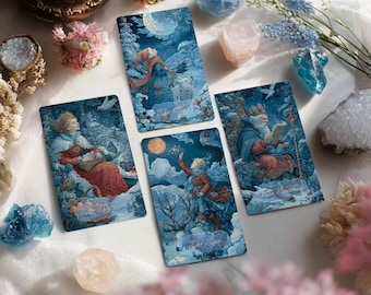 Peut inclure: Quatre cartes de tarot avec des illustrations sur le thème de l'hiver. Les cartes présentent des images de personnages dans des paysages enneigés, avec des titres tels que "L'Impératrice" et "La Grande Prêtresse". Des cristaux et des fleurs entourent les cartes.
