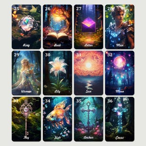 May include: A set of 12 illustrated cards with a variety of images, including a ring, book, letter, man, woman, lily, sun, moon, key, fish, anchor, and cross. Each card has a number and a word describing the image.