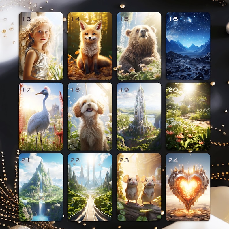 May include: A collage of 12 images featuring a variety of subjects, including a young girl, a fox, a bear, a mountain range, a crane, a dog, a fantasy city, a forest path, a waterfall, a road, two mice, and a glowing heart.