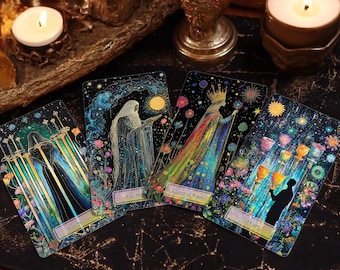 Tarot Card Deck, 78 Tarot Cards, Beginner Tarot Deck with Guidebook, Colorful Tarot, Custom Design, Oracle Deck, Starlit Garden Tarot Deck
