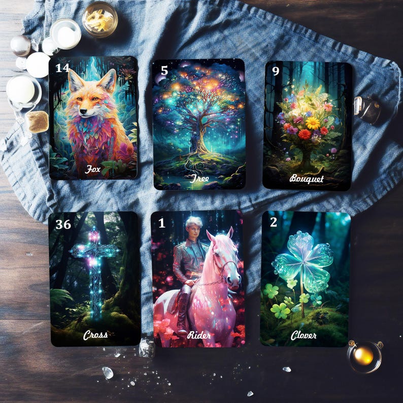 May include: Six colorful tarot cards with illustrations of a fox, tree, bouquet, cross, rider, and clover. Each card has a number and a name printed on it.