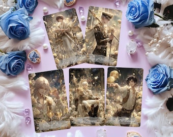 May include: Five tarot cards with illustrations of figures in ornate settings, surrounded by blue roses, crystals, and jewelry. The cards are labeled "Page of Swords", "Two of Wands", "Four of Cups", "The Emperor", and "Two of Pentacles".