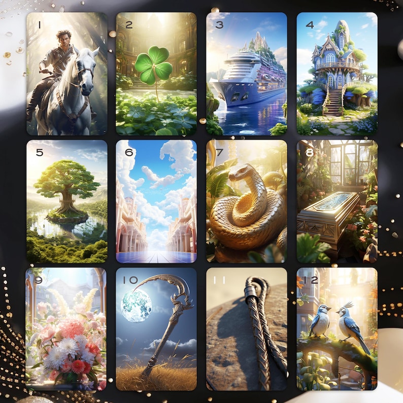 May include: A set of 12 cards with various illustrations, including a man on a horse, a clover, a ship, a house, a tree, a snake, a coffin, flowers, a scythe, a rope, and birds.