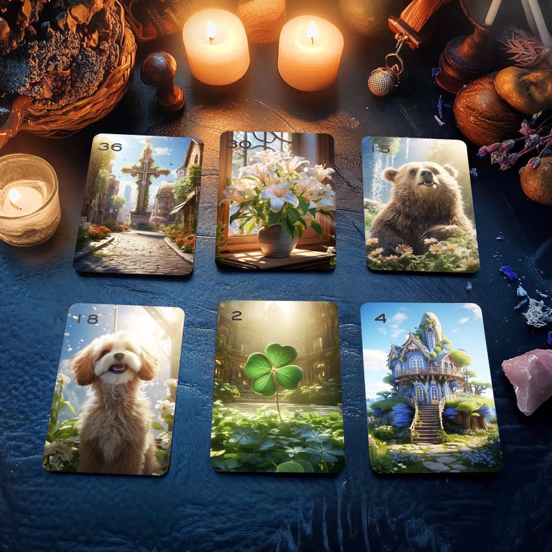 May include: Six tarot cards with various images, including a cross, flowers, a bear, a four-leaf clover, and a house. The cards are numbered 36, 30, 15, 18, 2, and 4.