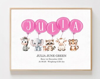 Safari Animal Nursery Print | Personalized Name, Baby Birth Stats (Digital Download)