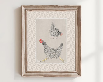 May include: Framed artwork featuring two stylized chicken illustrations. The chickens are depicted with black scribbled outlines, red combs, and yellow legs. The artwork is set against a neutral background with a patterned border, encased in a rustic wooden frame.