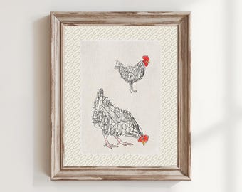 May include: Framed artwork featuring two chickens drawn with black lines on a cream-colored background. The chickens have red combs and beaks. The artwork is in a light brown wooden frame.