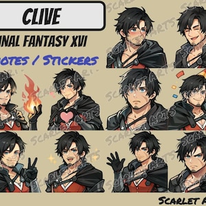 以下が含まれることがあります： ファイナルファンタジーXVIのクライヴをフィーチャーしたデジタルアートのコレクション。さまざまな絵文字とステッカーが含まれており、クライヴのさまざまな表情やポーズが描かれています。「CLIVE」と「FINAL FANTASY XVI」の文字が上部に表示され、その下に「EMOTES / STICKERS」と表示されています。