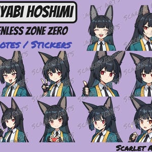 May include: A set of nine digital stickers featuring a cartoon character with black hair and red eyes. The character is wearing a blue and green jacket and a white shirt with a black tie. The stickers show the character with different expressions, including smiling, winking, and surprised.