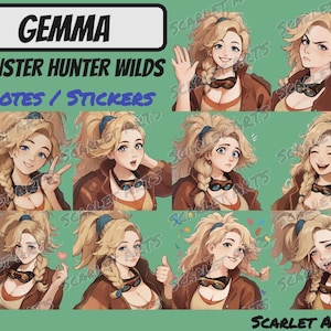 Gemma Monster Hunter Wilds-emotes/stickers - Anime Chibi-stijl - Twitch, Youtube, Discord-emotes