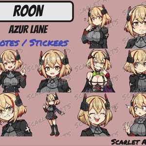 Può includere: Un set di adesivi digitali con un personaggio dei cartoni animati di nome Roon del gioco mobile Azur Lane. Gli adesivi raffigurano Roon in varie pose ed espressioni, tra cui sorridere, strizzare l'occhio e fare il segno della pace. Gli adesivi sono progettati in uno stile carino e colorato.