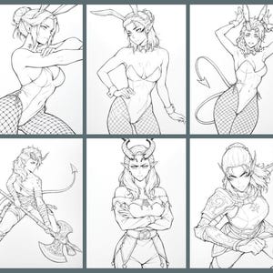 K&ouml;nnte beinhalten: Eine digitale Illustration von zehn verschiedenen Charakteren in Schwarzwei&szlig;. Die Charaktere sind in einem stilisierten Anime-Stil gezeichnet. Jeder Charakter ist in einer anderen Pose und einem anderen Outfit dargestellt.