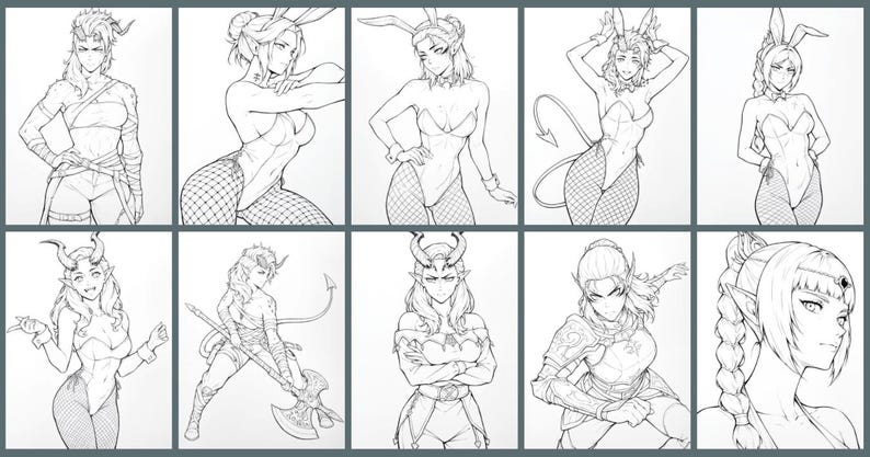 K&ouml;nnte beinhalten: Eine digitale Illustration von zehn verschiedenen Charakteren in Schwarzwei&szlig;. Die Charaktere sind in einem stilisierten Anime-Stil gezeichnet. Jeder Charakter ist in einer anderen Pose und einem anderen Outfit dargestellt.