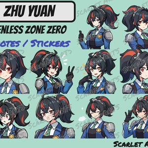 May include: A set of nine digital stickers featuring a character with black hair, red highlights, and a blue and white uniform. The character is making different expressions, including smiling, winking, and sticking out their tongue. The text "ZHU YUAN ZENLESS ZONE ZERO EMOTES/STICKERS" is at the top of the image.