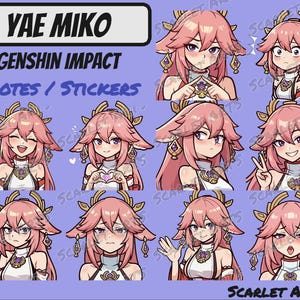 May include: A collection of Yae Miko emotes and stickers from Genshin Impact. The image features various expressions of the character, with pink hair and detailed outfits. The text "YAE MIKO", "GENSHIN IMPACT", and "EMOTES / STICKERS" are displayed at the top. The artist's name, "SCARLET ARTS", is at the bottom.