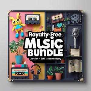 Puede incluir: Una imagen colorida con un conejo de dibujos animados, cintas de cassette, plantas en macetas y un micrófono. El texto "Royalty-Free Music Bundle" es prominente, con "Cartoon, Lofi, Documentary". El fondo se divide en secciones rosa, amarilla y azul oscuro.