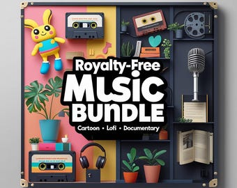 May include: A vibrant image showcasing a cartoon bunny, cassette tapes, potted plants, and a microphone. The text "Royalty-Free Music Bundle" is central, with "Cartoon, Lofi, Documentary" below. The background is split into pink, yellow, and dark blue sections, with gold corner details.