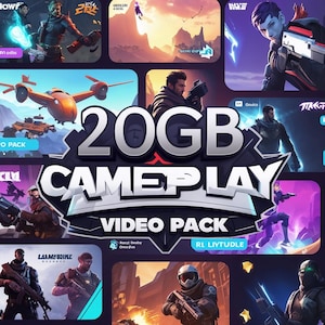 May include: A collage of video game clips with the text "20GB CAMEPLAY VIDEO PACK" in the centre. The collage features various characters and scenes from different video games.