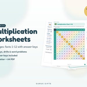 May include: A 109-page multiplication worksheet set for grades 2-4, featuring a 1-12 multiplication chart, arrays, drills, and word problems. The document includes answer keys and is available in US Letter and A4 PDF formats for educational use.