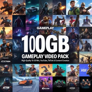 Peut inclure: Un collage de captures d'écran de jeux vidéo avec le texte "GAMEPLAY" et "100GB GAMEPLAY VIDEO PACK High-Quality 10-30 Min, YouTube, TikTok & Content Creation" en texte blanc sur fond noir.