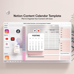 May include: A digital content calendar template on a computer screen. The template includes social media icons, a calendar, and a posting schedule. The text reads "Notion Content Calendar Template" and "Plan & Organize Your Content with Ease."