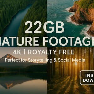 以下が含まれることがあります： 自然の映像を組み合わせた画像。森の中の川、海岸の崖、湖に映る山、日当たりの良い森が写っています。テキストには、22GBの4Kロイヤリティフリーの自然映像が、即時ダウンロード可能と記載されています。