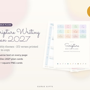 Peut inclure: Un plan d'écriture des Écritures 2027 imprimable avec 12 thèmes mensuels et 372 versets. Le document comprend une grille de cartes mensuelles aux couleurs pastel, une page de titre avec le texte Scripture Writing Plans et une page de liste.